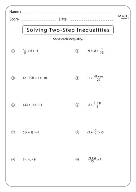 solving two step inequalities worksheet answer key